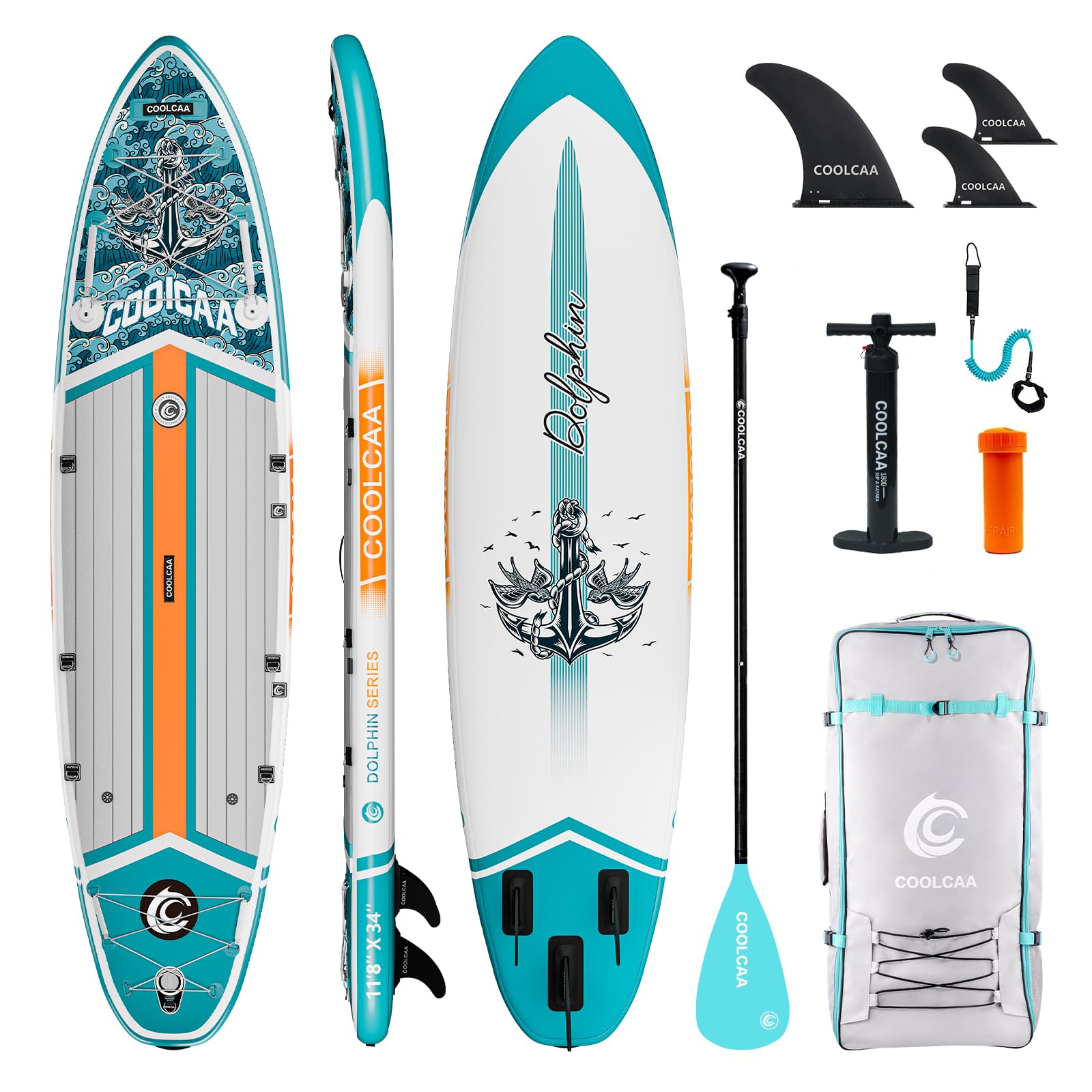 COOLCAA SUP Board, 355cm (Extra Groß) Stand Up Paddling Board, Aufblasbares Stand-Up Paddle Board mit 86cm Extra Breit, Fishing Paddleboard mit Zubehör & Tragetasche für Adults, 222 kg