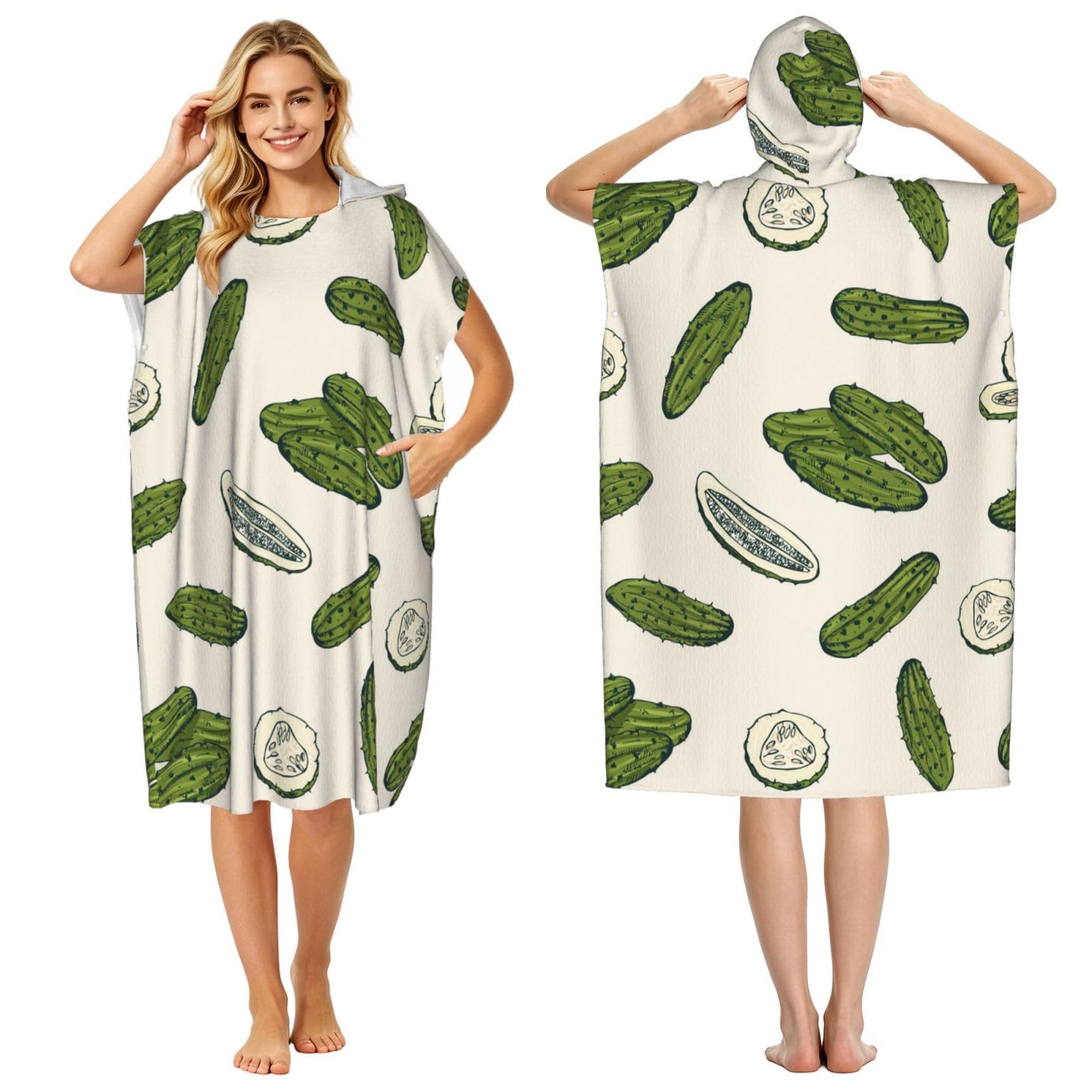 Poadnly Cucumber Pickle, Adult Hooded Beach Towel 90 x 110 cm,Changing Bath Robe, Surf Poncho Towel For Women Men