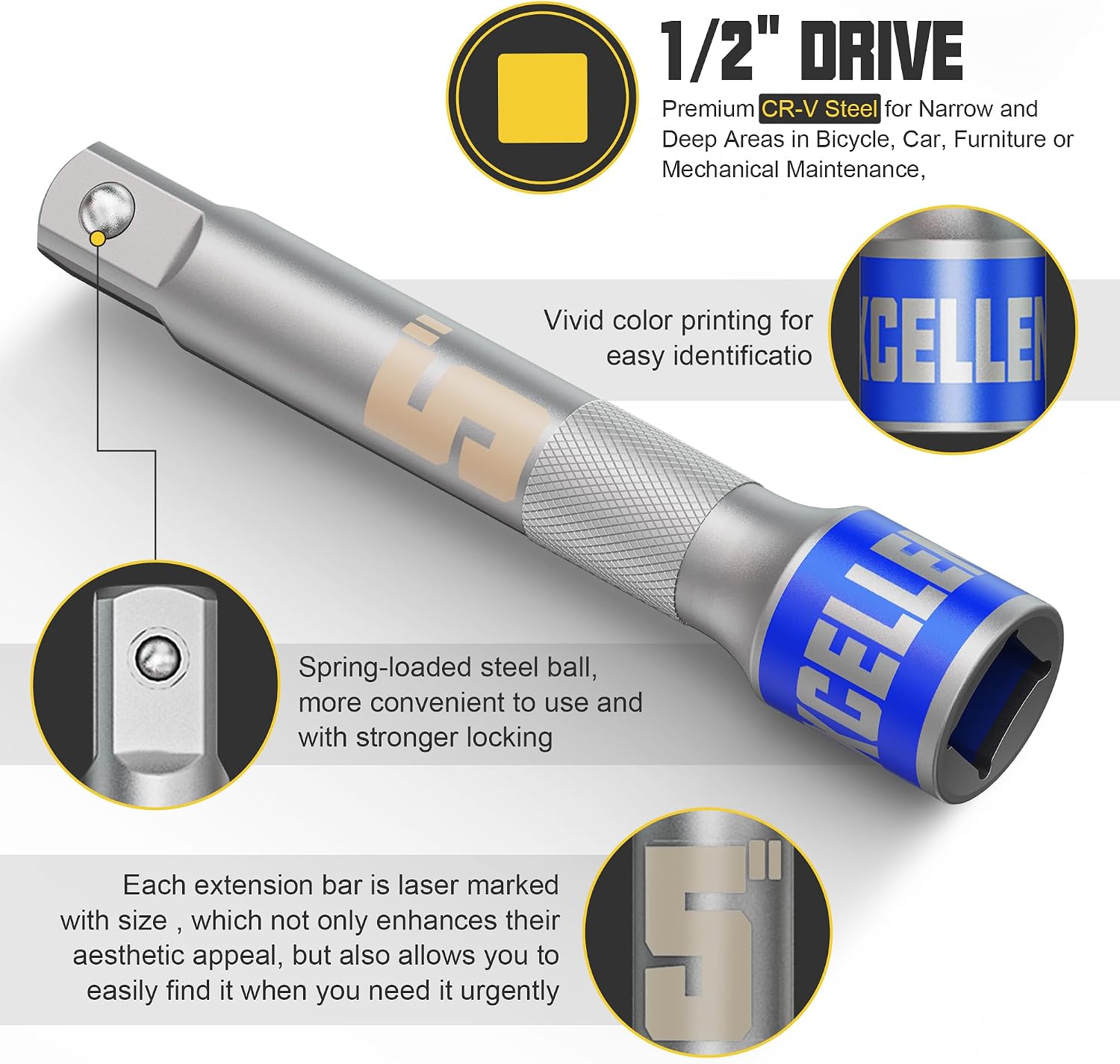 3 Piece 1/2" Drive Impact Extension Bar Set, 3" 5" 10" Length Socket Extensions Expand Narrow Range, Premium Cr-V Steel, Knurled Non-Slip, Anti-Rust, Zero Torque Loss, for Auto and Mechanical