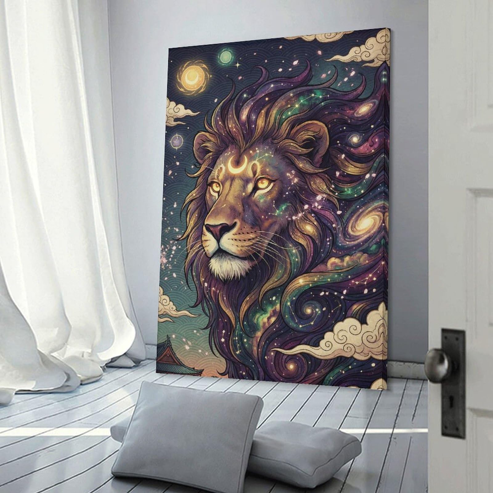 Junmoney Wall Art Print Cosmic Lion with Crescent Moon, 20x30inch(50x75cm), for Bedrooms, Workspaces And Everyday Interiors, Stylish Home Artwork for Focal Walls