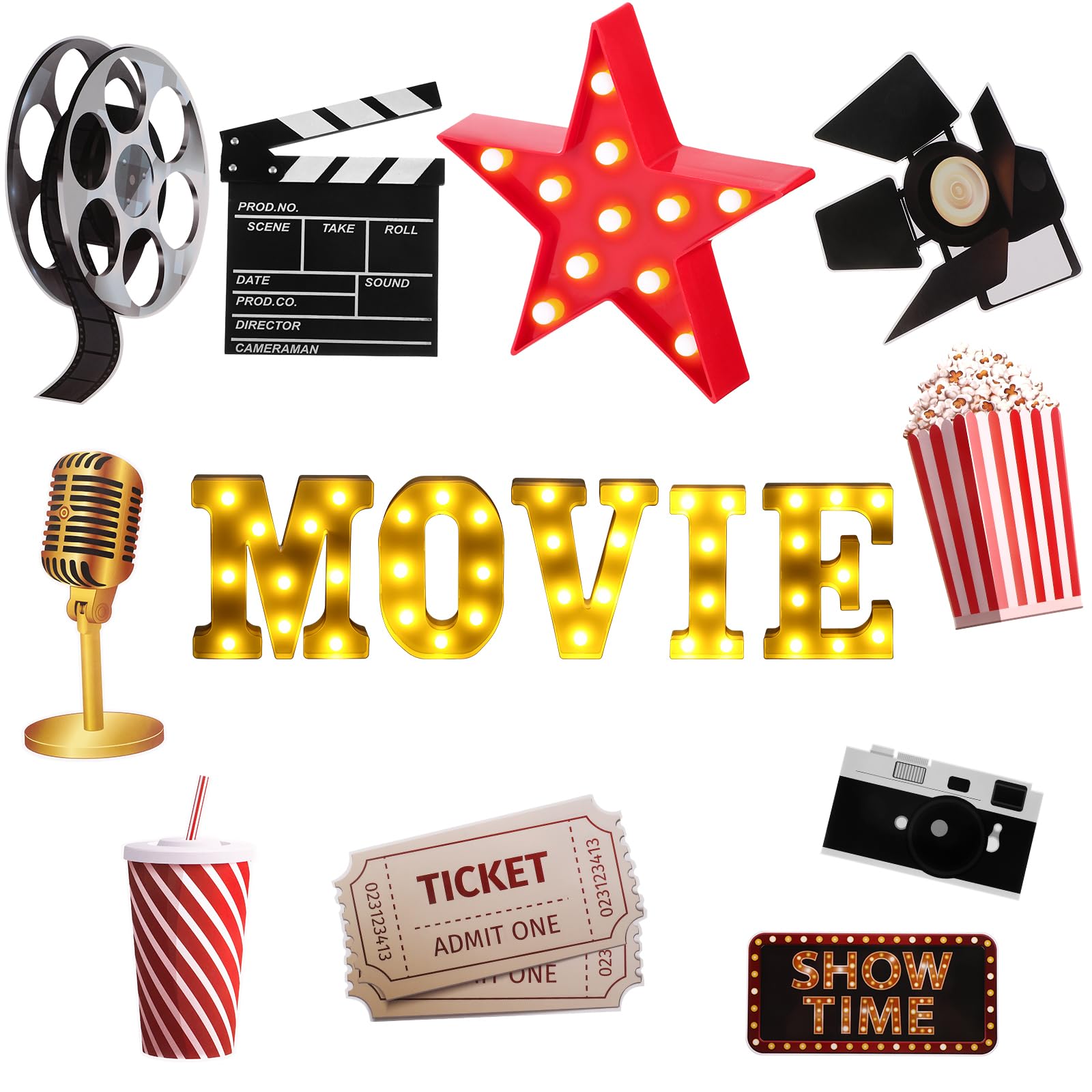 16 piezas de decoración de fiesta de película, luz LED de marquesina en forma de estrella, letrero de letra de película, tarjetas de fiesta de película, accesorios de película para decoración