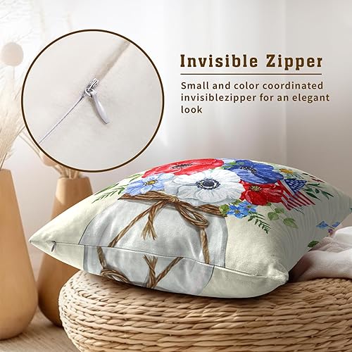 Miniatura 3 de Juego de 2 fundas de almohada para el 4 de julio, 18 x 18 pulgadas, diseño patriótico de línea de algodón con diseño de flores y bandera