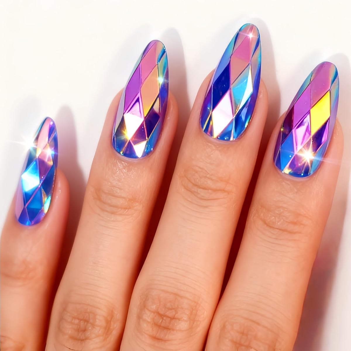 Press on Nails Medium Almond Fake Nails Blue Metal Chrome False Nails 3D Rhombus Gradient Acrylic Nails Laser Holographic Glue on Nail for Women Manicure Nail Deco 24Pcs