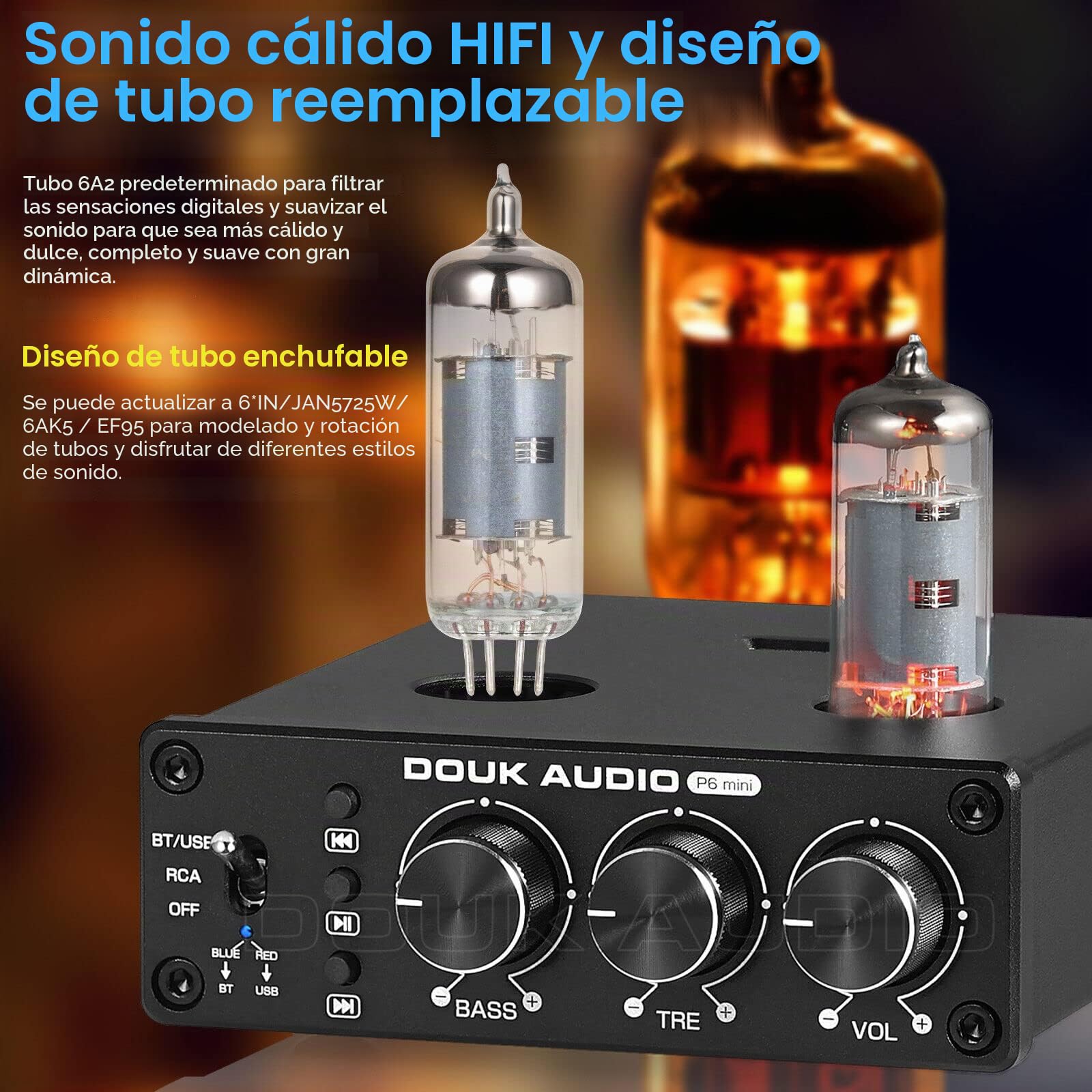 Douk Audio P6-mini HiFi Preamplificador de tubo Bluetooth Mini preamplificador de válvula estéreo Preamplificador de tubo con control de graves agudos para sistema de cine en casa