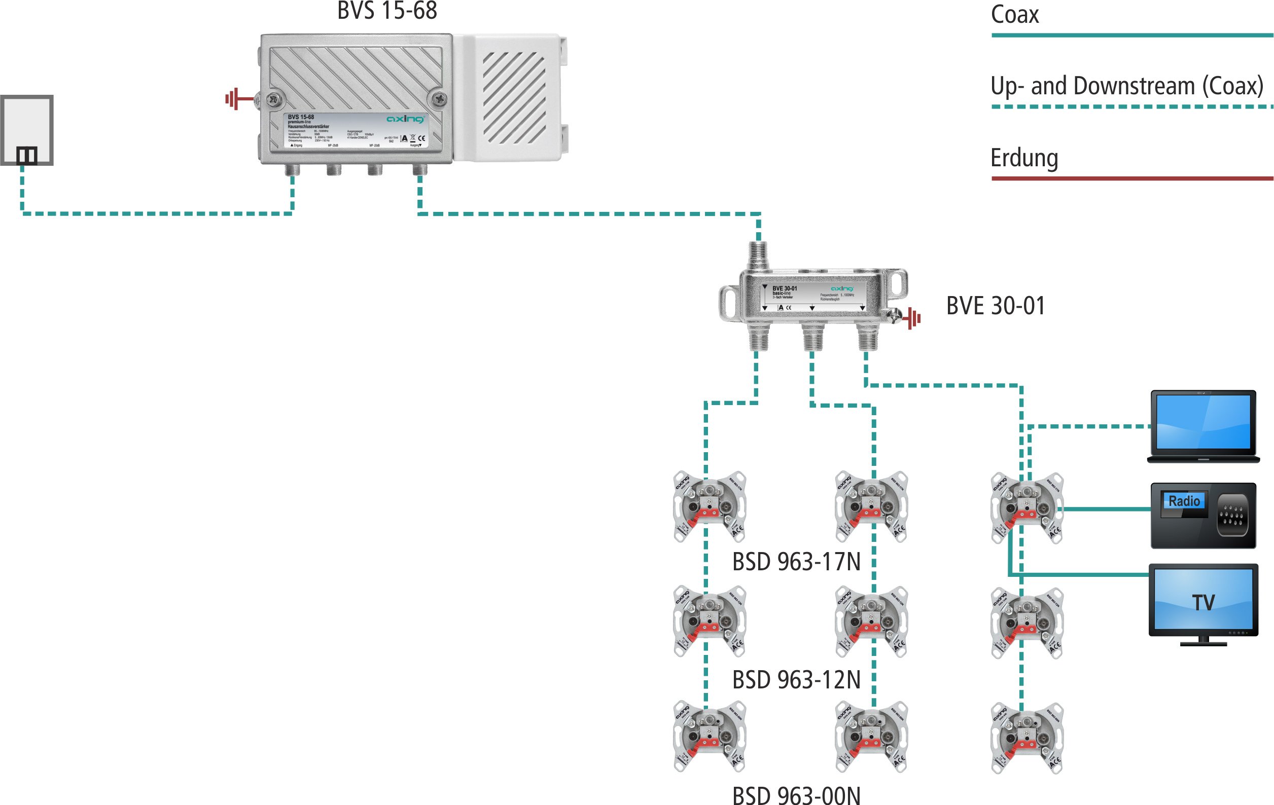 Axing BVS01568 - Amplificatore allacciamento domestico (20 dB regolabile), con canale di ritorno attivo
