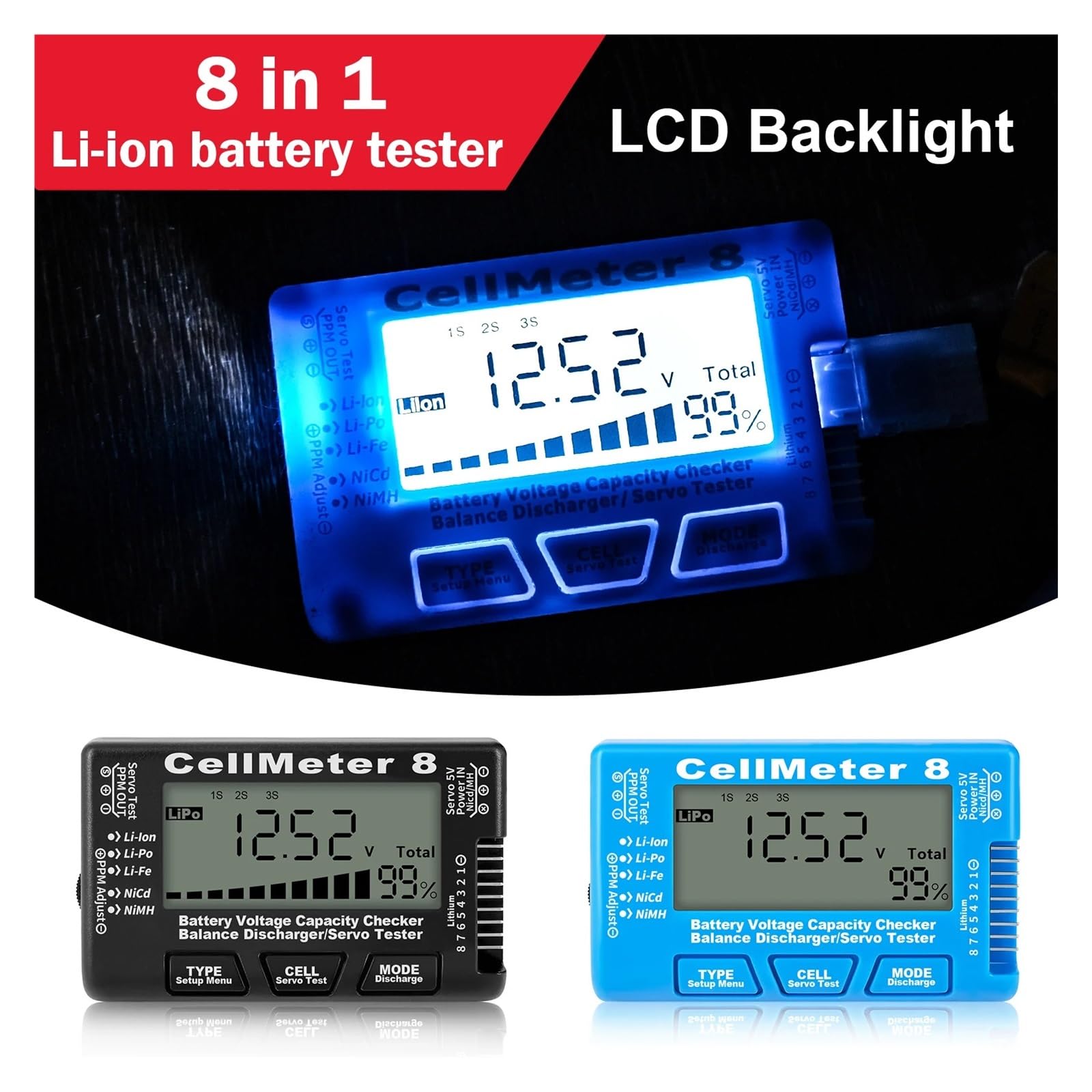 Testeur de capacité batterie numérique LCD CellMeter-8 RC 1-8S, testeur tension LiPo Li-ion NiMH(Black)