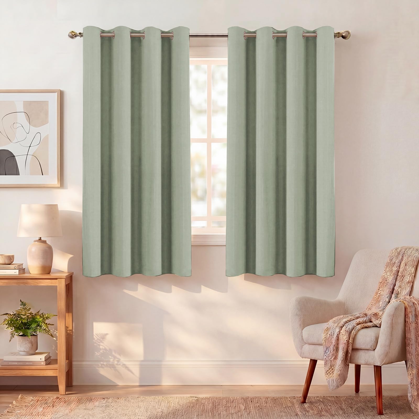 BellaHills Verdunklungsvorhänge Kurz Thermovorhang Wohnzimmer Salbei Hell H175xB140cm 2er Set Gardinen Blickdicht Kälteschutz Wärmeisolierend Ösenschal Schlafzimmer Blackout Curtains for Living Room