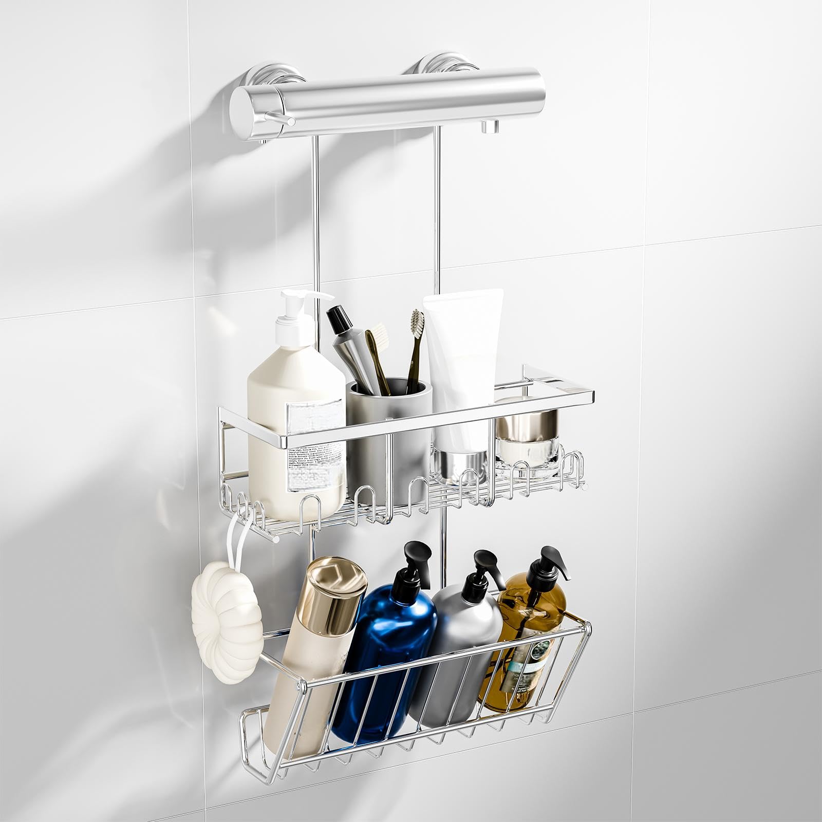 Shower Caddy - Hanging Shelf No Drilling 2-Tier, Bathroom Storage Basket, Shampoo Holder, Tidy Organizer, Rustproof, Silver
