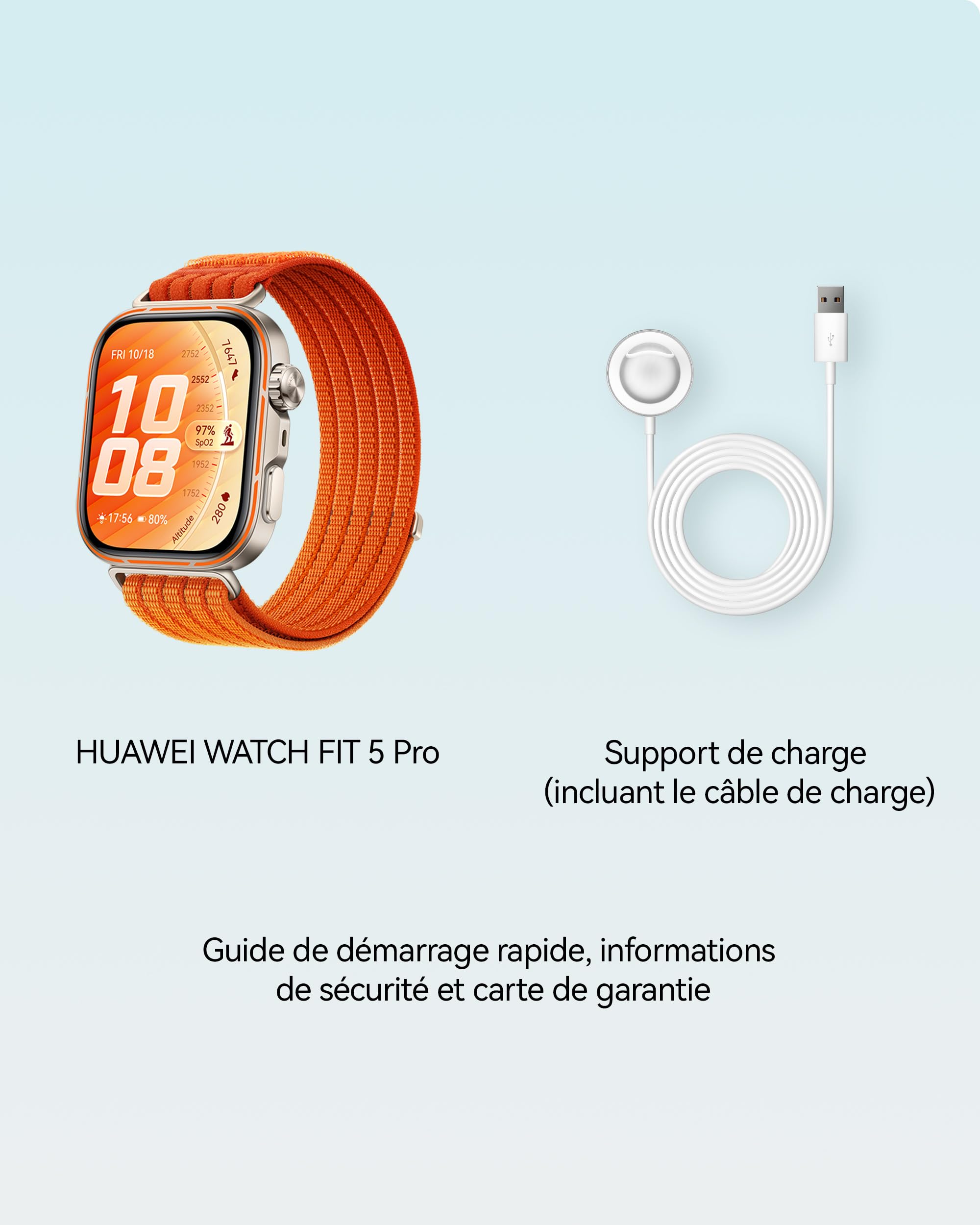 HUAWEI Watch FIT 5 Pro Montre connectée GPS ECG Écran AMOLED 1,92'' Verre Saphir Résistance à l'eau 5 ATM NFC Orange