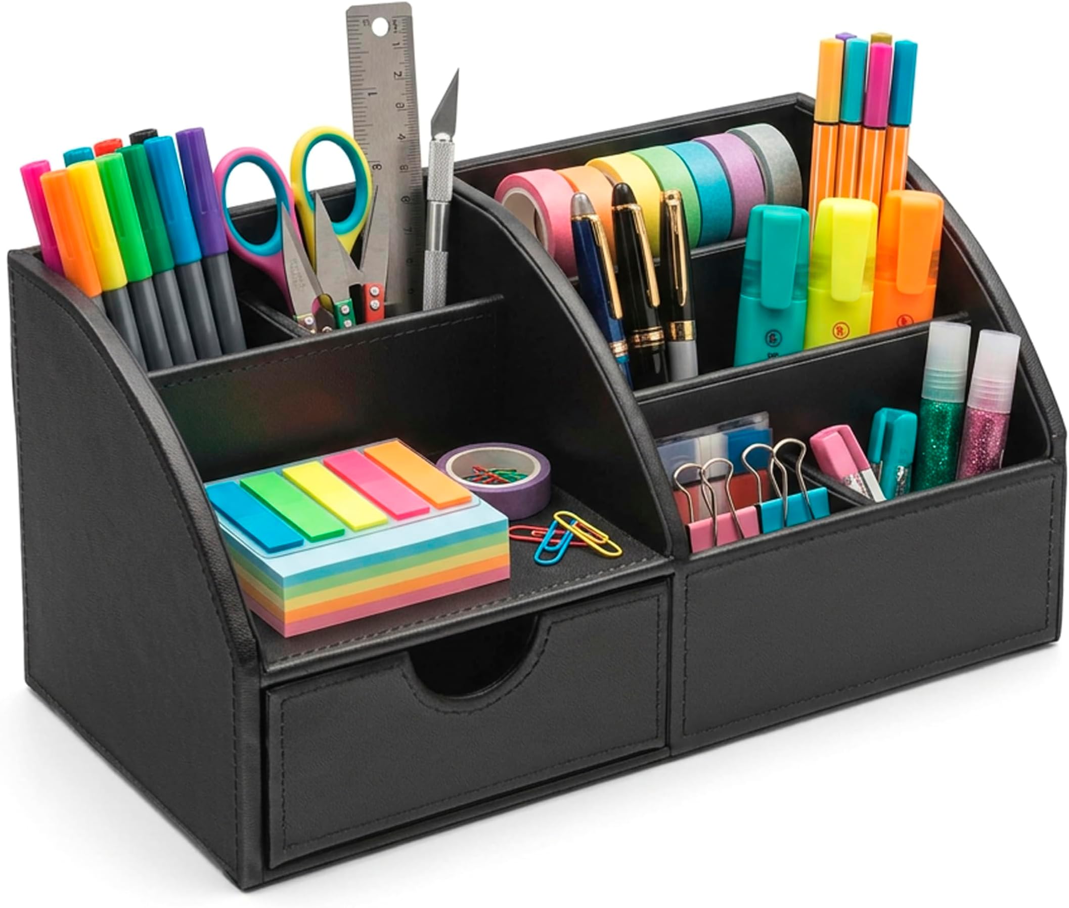 OSCO Faux Leather Desk Organiser with Drawer, 8-Compartment Stationery Caddy, Pen & Pencil Holder, Desktop Makeup or Office Storage Box, Black