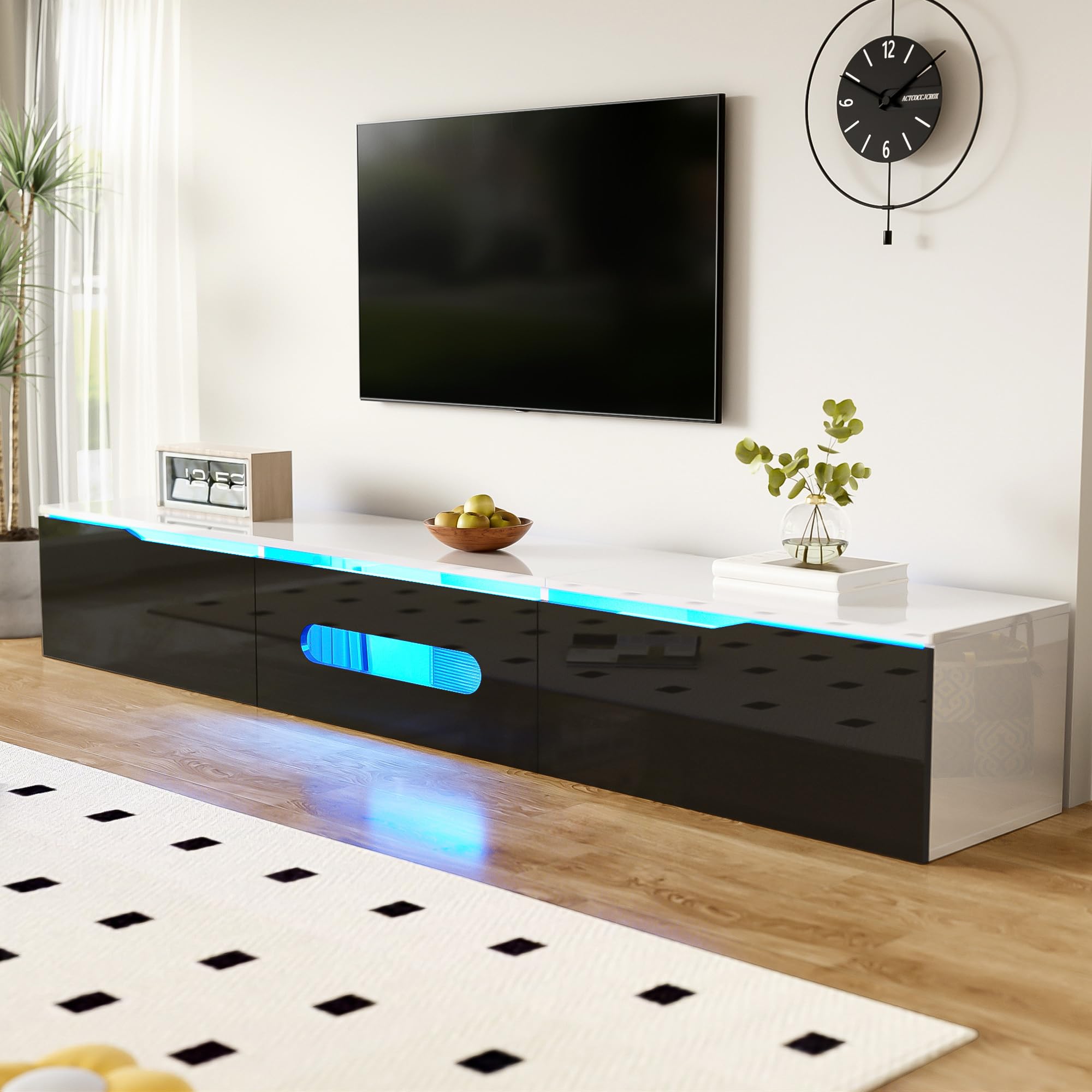 Mueble de TV con iluminación LED colgante y de pie, armario de TV para salón, tablero de fibra de densidad media y aglomerado, puertas en negro, 180 x 35 x 30 cm