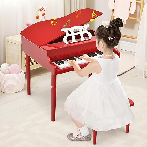 Miniatura 9 de Goplus Piano clásico de 30 teclas para niños, mini piano de cola de madera para aprender a tocar instrumento musical con banco, tapa de piano,