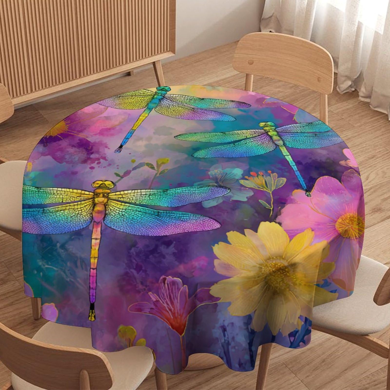 LUYYSKY Beautiful Abstract Dragonflies Round Tablecloth Vintage Watercolor Plant Flowers Animal Dragonfly Print Washable Decor for Table Cover for Kitchen-152.4" Wx152.4 L cm