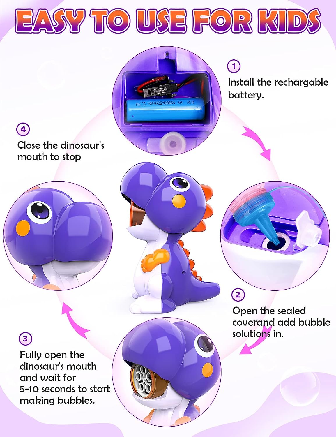 EduCuties Bubble Machine for Toddlers, Automatic Dinosaur Bubble Toys Blower Maker with Solutions for Kids Ages 4-8 Outdoor Toy for 3 4 5 6 7 Boys Girls Birthday Gift Present-Purple