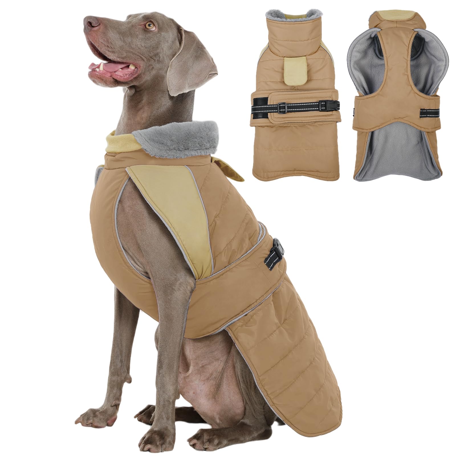 Kuoser Hundemantel Winter Wasserdicht, Warmer Wintermantel Hund, Khaki 2XL