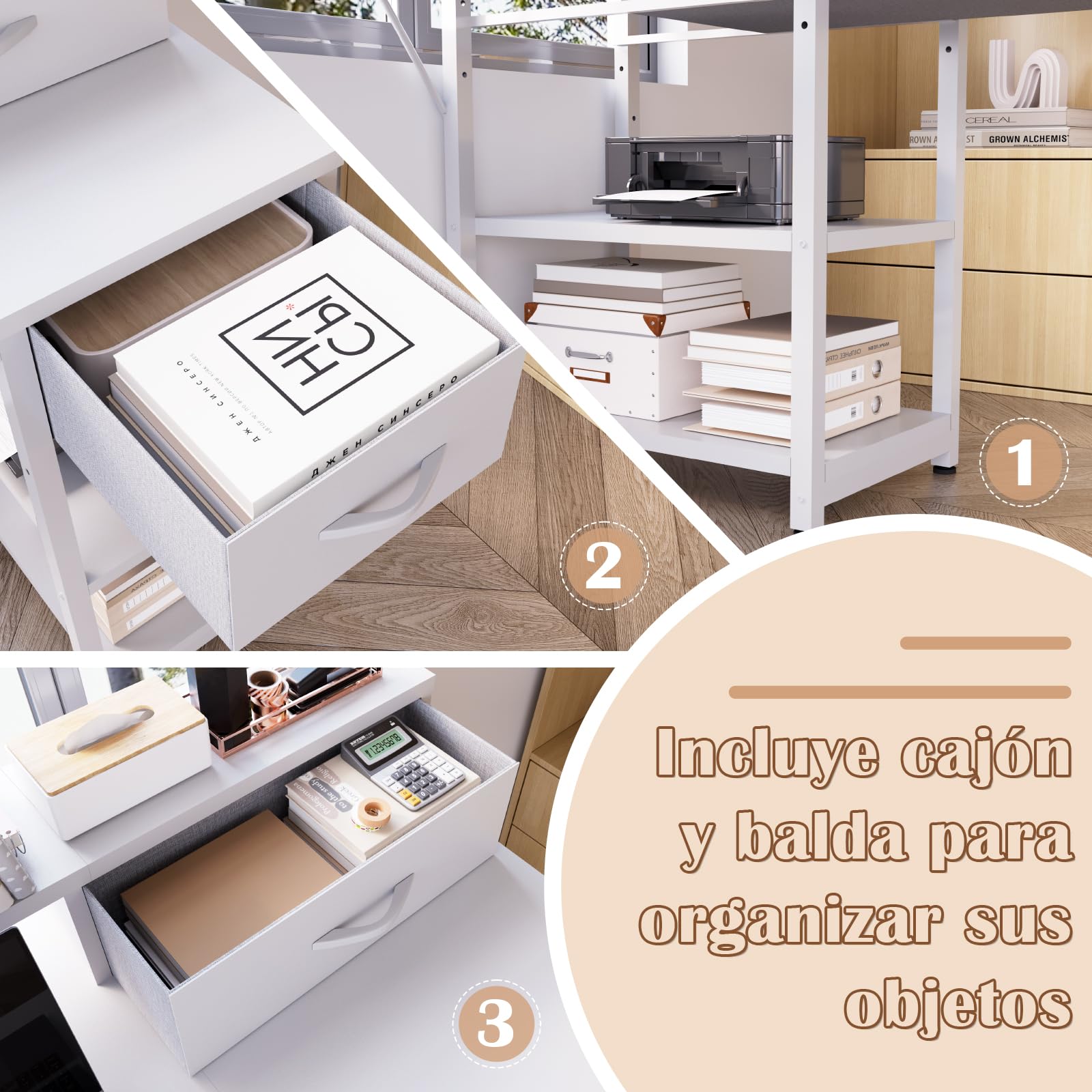 Devoko Escritorio con Cajones con Estante Reversible, Escritorio Ordenador con Almacenamiento, Soporte para Monitor, Orificio para Cables, 2 Estantes Ajustables y Cajón Inferior, 120 x 50 cm, Blanco