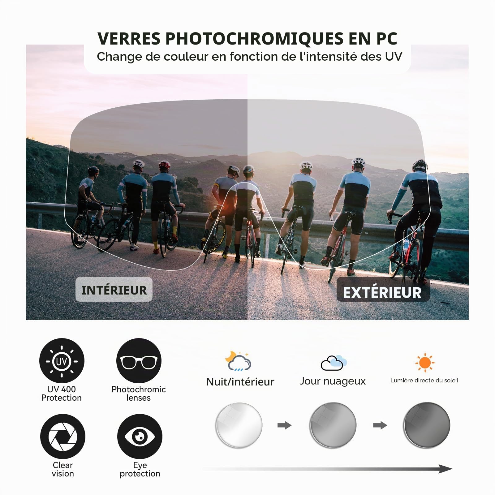 ROCKBROS Lunette de Cyclisme Photochromique, Lunettes de Soleil Anti-buée, Ultra-Légère UV400 TR90 Monture, pour Homme Femme Vélo Sports Outdoor