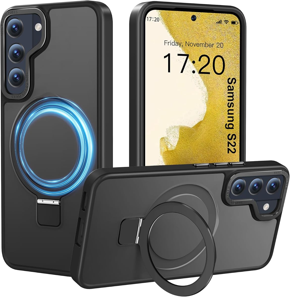 Compatible with Samsung Galaxy S22 Case with Magnetic Ring Stand, Military Drop Protection, Anti-Scratch/Anti-Fingerprint Translucent Matte Case for Samsung Galaxy S22 (Black)