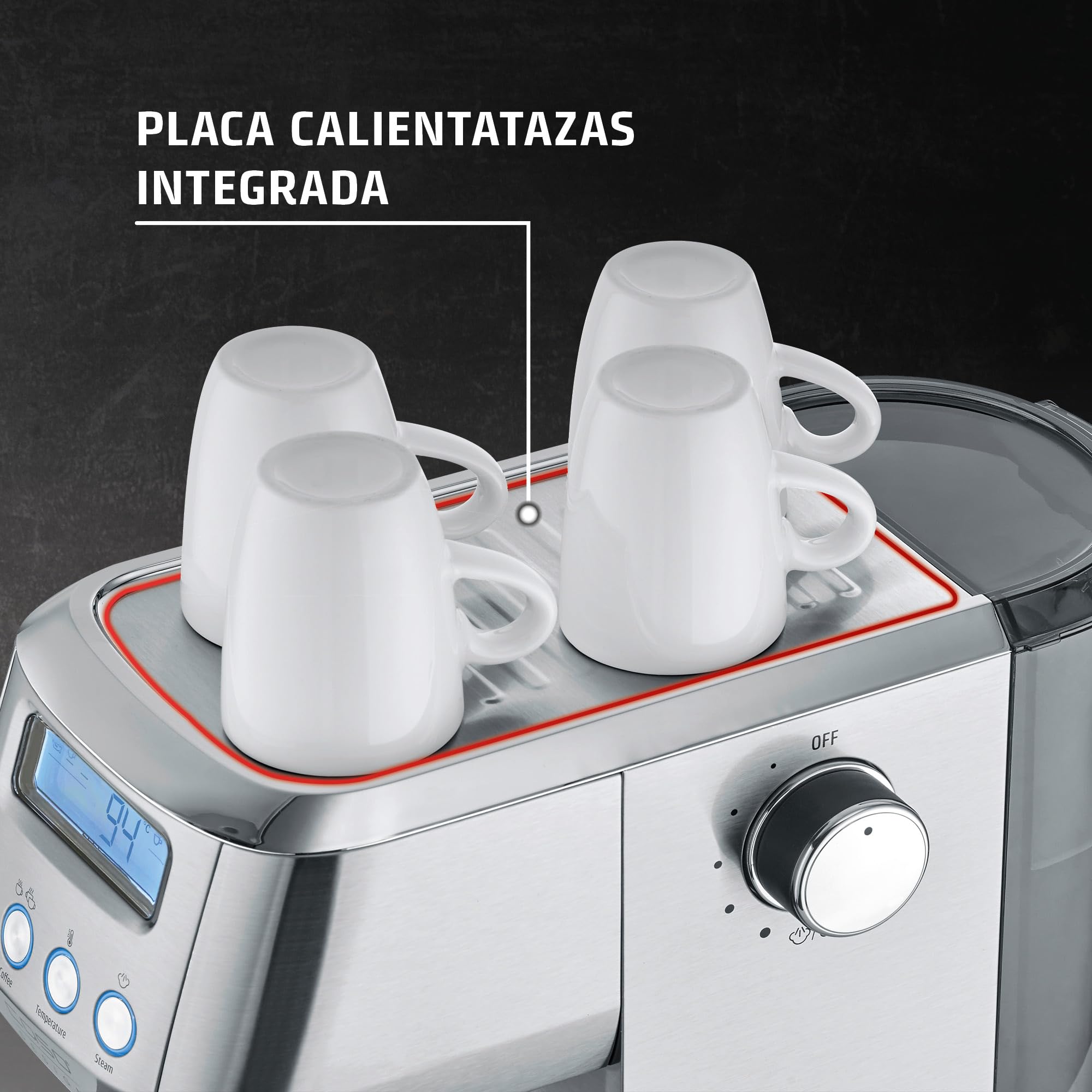 Caso Espresso Gourmet Crema - Cafetera Espresso con 1350W, bomba ULKA de 20 bares, Tiempo de calentamiento de 12 segundos, Brazo Doble Salida, Vaporizador, Superficie Calientatazas - Plata