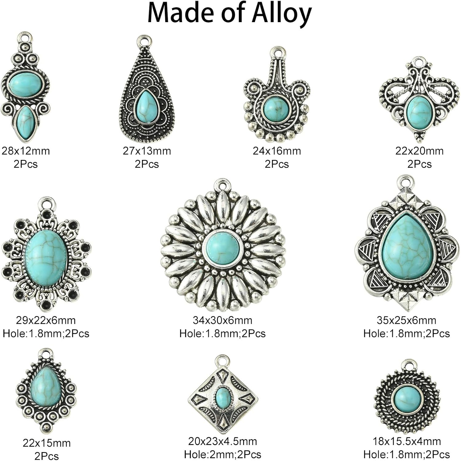 KitBeads 20pcs Tibetan Synthetic Turquoise Mixed Styles Tear Drop Flower Charms - Antique Silver Western Charms for Jewelry Making - Image 2