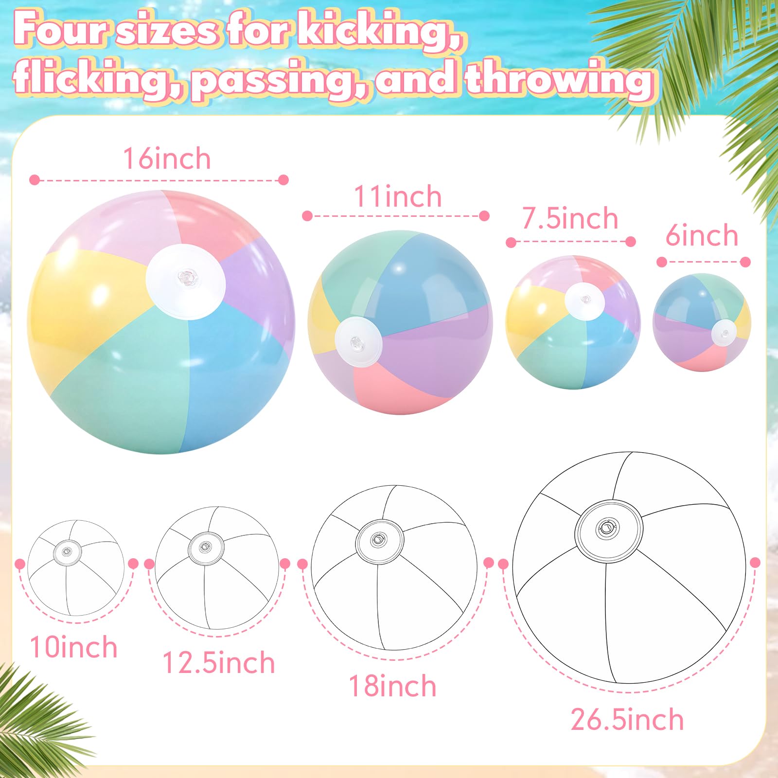 MiniInflat Confezione da 4 palline da spiaggia in 4 misure (61 cm, 40,6 cm, 30,5 cm, 20,3 cm), palline gonfiabili pastello per bambini e adulti, feste estive in spiaggia hawaiana, forniture per feste