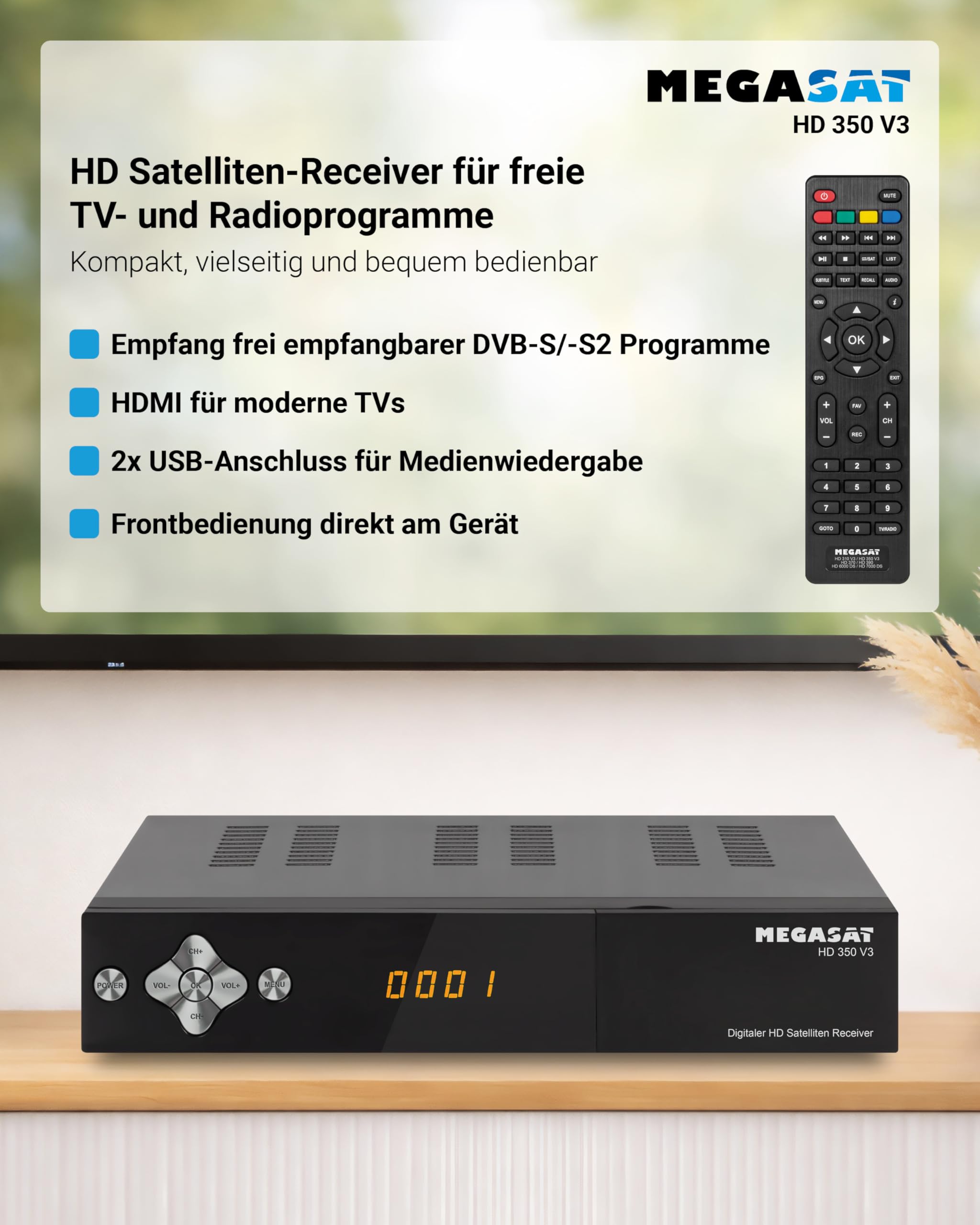 Megasat HD 350 V3 – HD-Sat-Receiver, HDMI, SCART, 2 × USB – Schwarz | Free-to-Air Satelliten-Receiver, DVB-S2, Mediaplayer, Display, 230/12 Volt