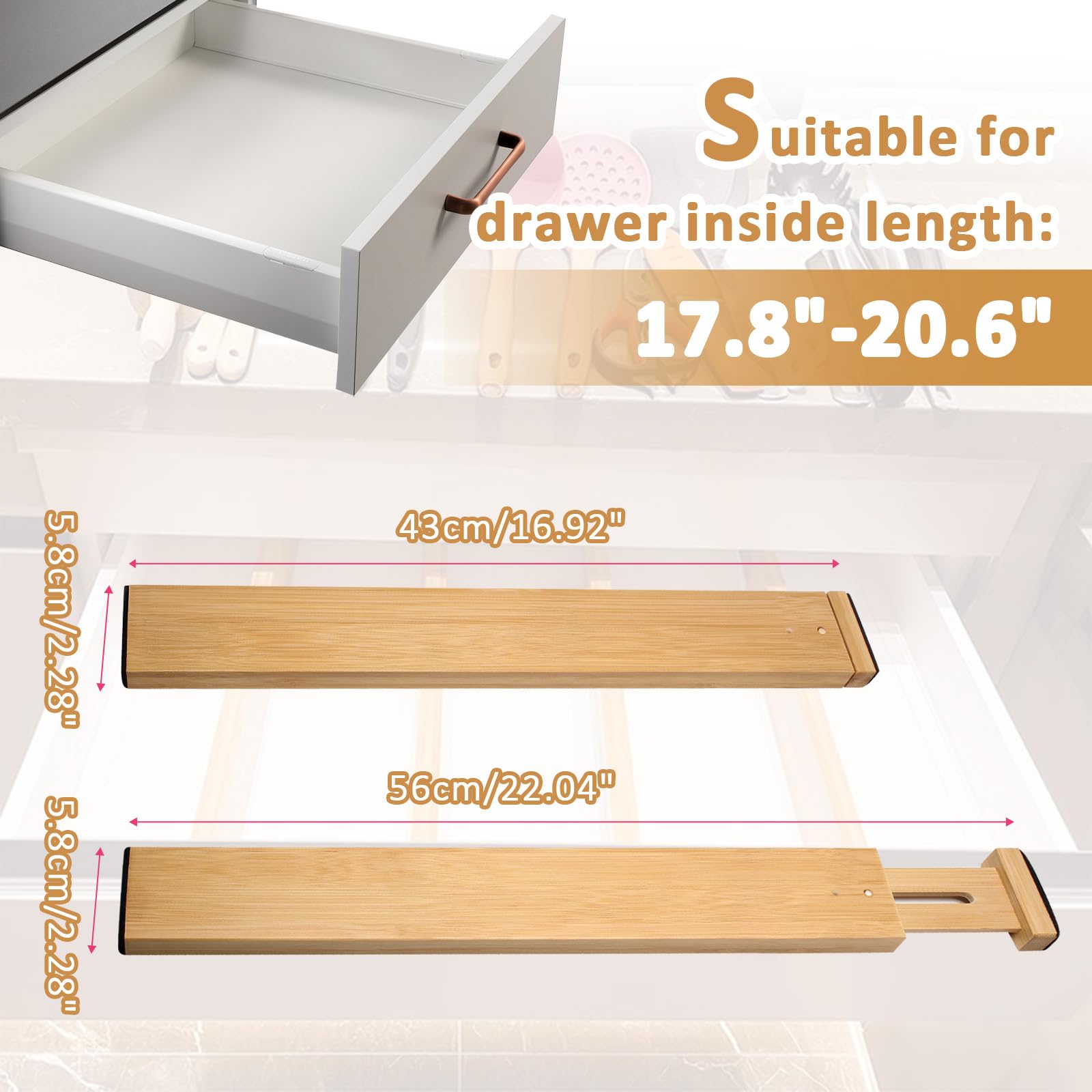4 Stück Schubladenteiler aus Bambus, 43 - 56 cm, verstellbare Schubladen-Organizer, erweiterbare Schubladentrenner