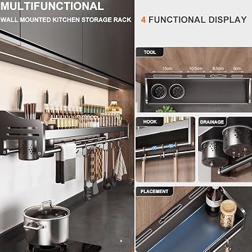 Wall Mounted Spice Rack Hanging Pot Rack Kitchen Rack Storage Shelf With Hooks Kitchen Pots Pans Organizer Shelf 2 Installation Way Easy Assembly (Size : 70cm)