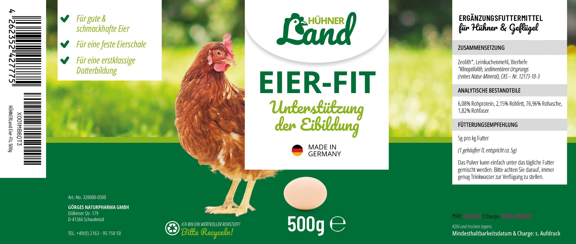 HÜHNER Land Eier-Fit pour Poules pondeuses 500g - complément Alimentaire pour Poulets, additif de Performance de Ponte pour Poulets, œufs supplémentaires, Formation d'œufs