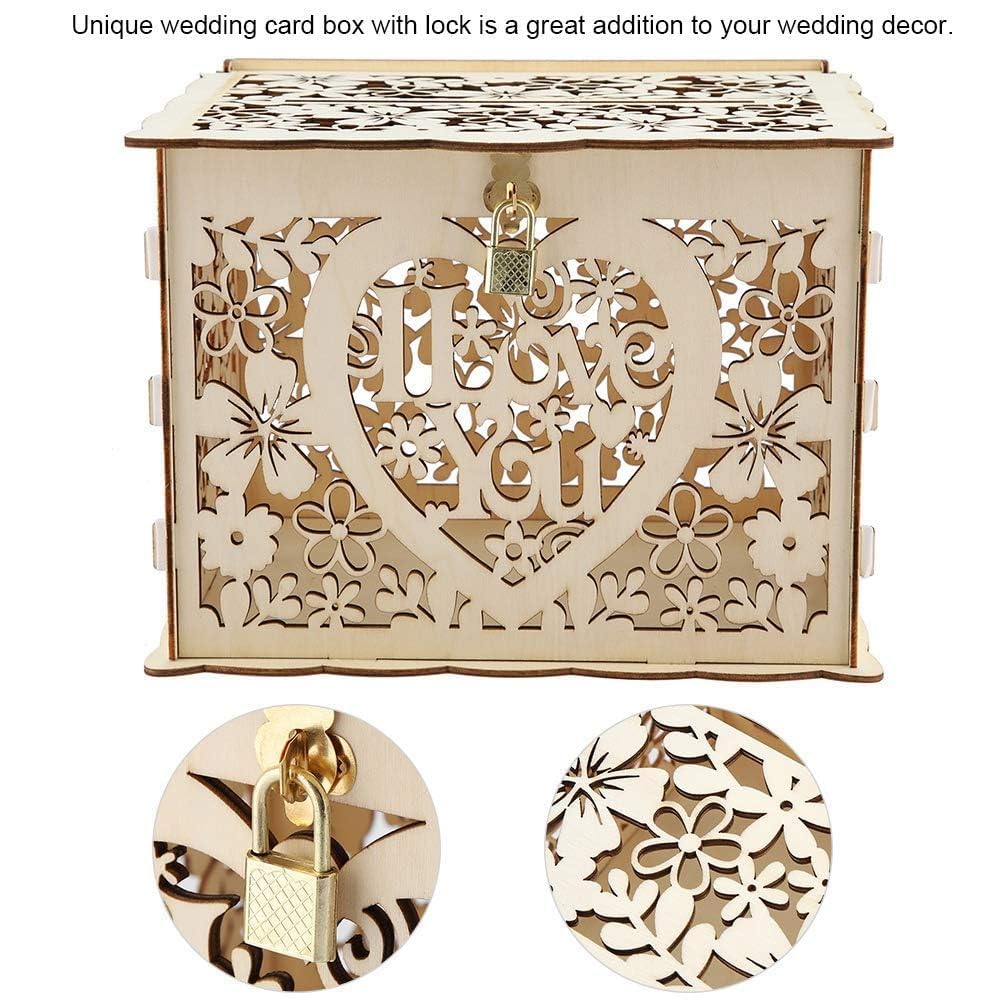 Scatola di Carte di Nozze in Legno, Scatola di Carte di Nozze in Legno con Serratura, Regalo Porta Buste, per Ricevimento Anniversario Laurea Compleanno, 25×20×18,3 cm(I Love You)