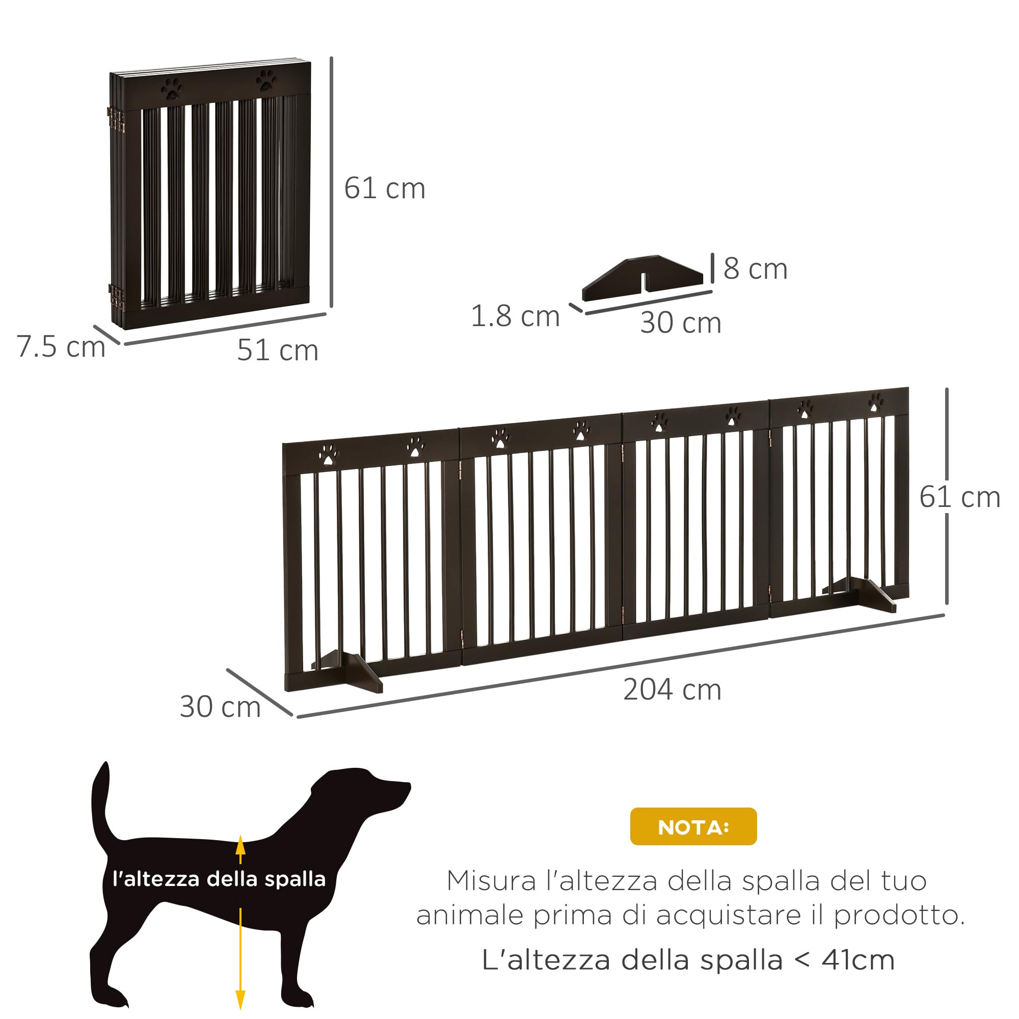 PawHut Cancellino per Cani Taglia Piccola in Legno Pino 204x30x61cm Marrone | Pieghevole, Piedini Rimovibili, Cancelletto di Sicurezza