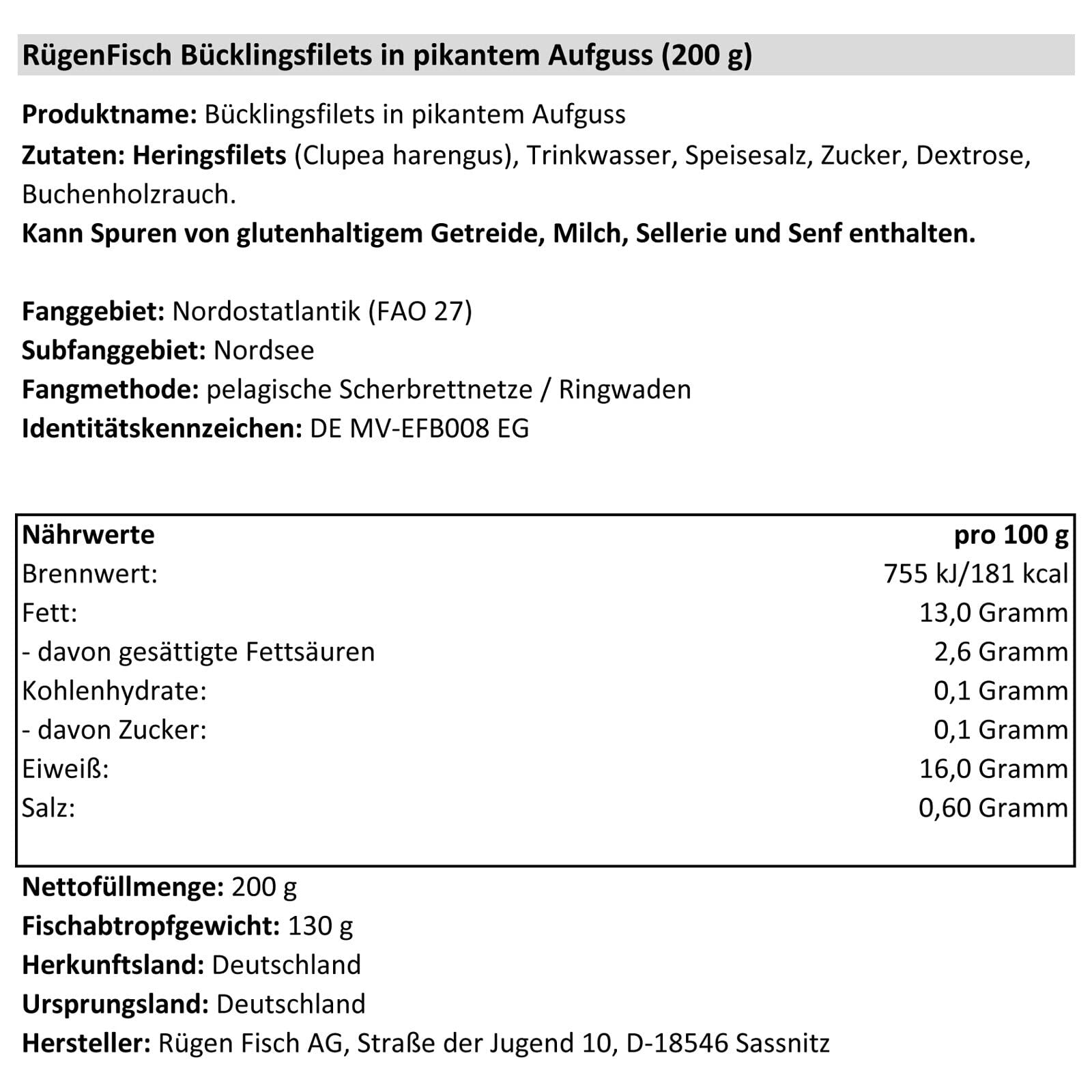 Rügen Fisch Bücklingsfilets in pikantem Aufguss, 19er Pack (19 x 200 g)