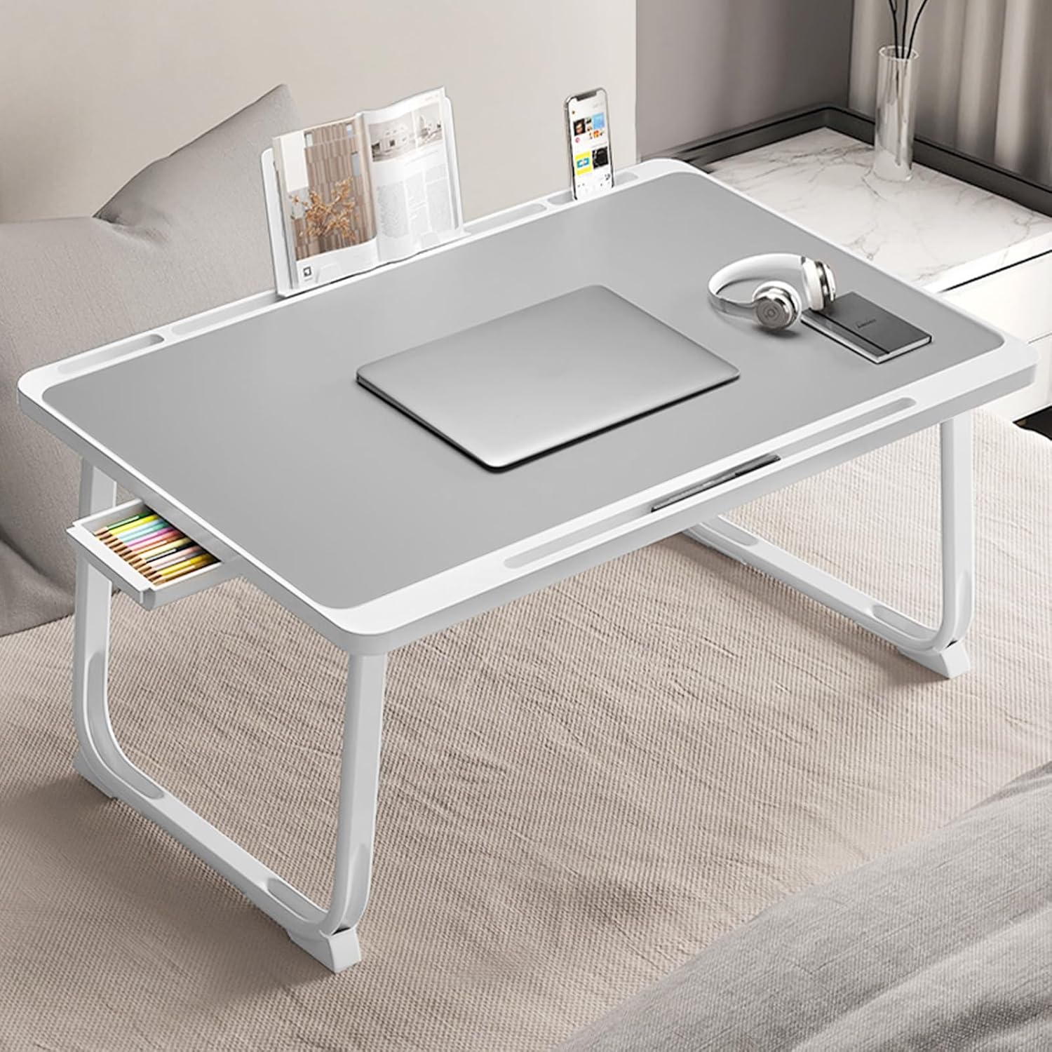 Extra Large 23 Inch Foldable Laptop Bed Desk with Storage Drawer & Bookstand, Portable Lap Tray Table for Bed Sofa Couch Floor, Multifunction Home Office Laptop Table
