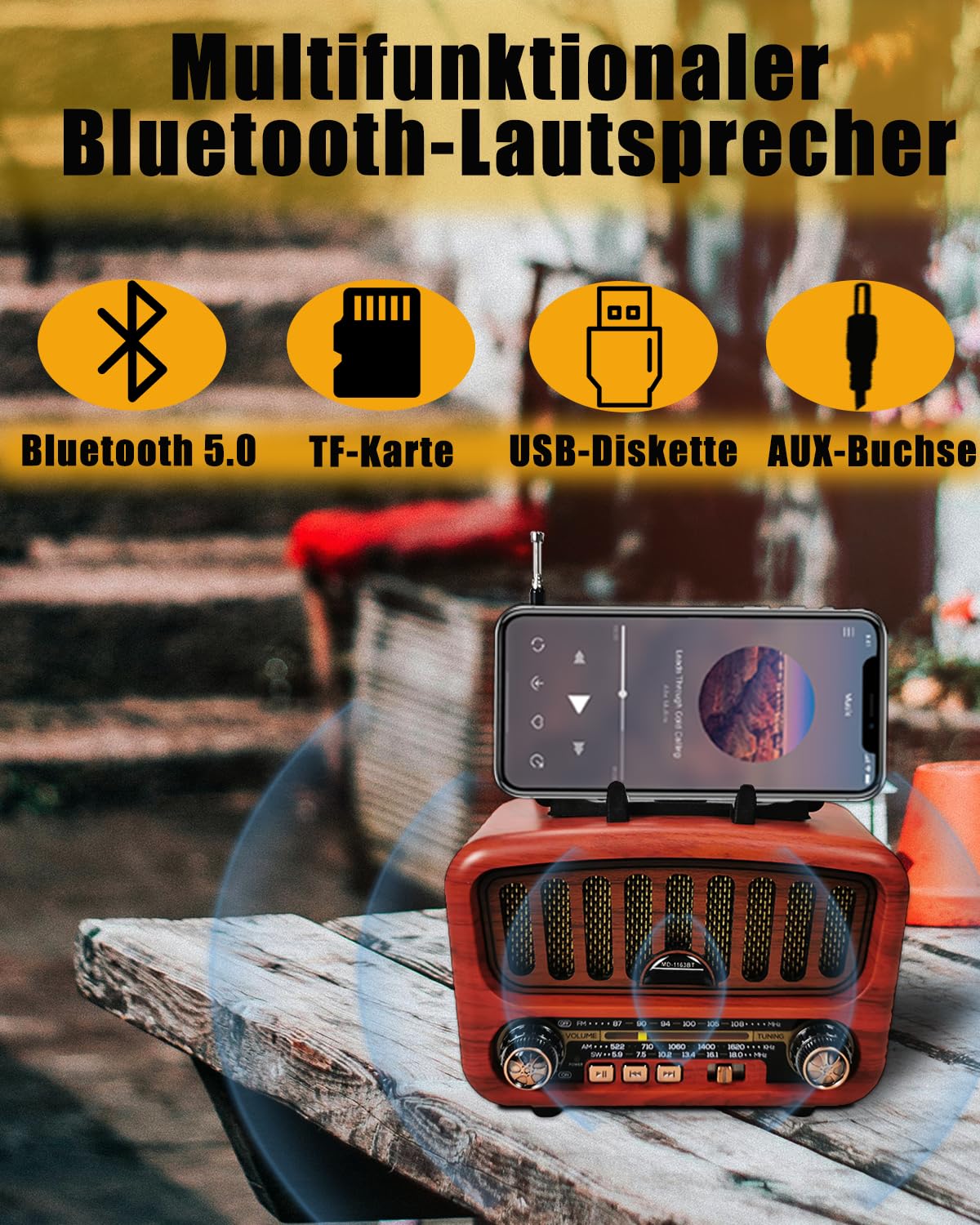 Retro Radio mit Bluetooth, AM/FM/SW Tragbares Radio Klein 5W großer Lautsprecher und Bluetooth 5.0, UKW Lautsprecher Batteriebetrieben unterstützt USB/TF/AUX Funktion (Rot)