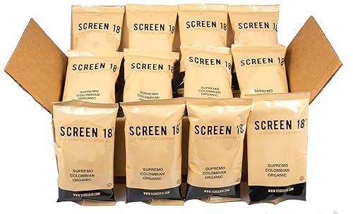 Screen 18 - Café molido hecho a mano, paquetes de porciones de 2.5 onzas, supremo colombiano, tostado medio, caja de 24 unidades, bolsas
