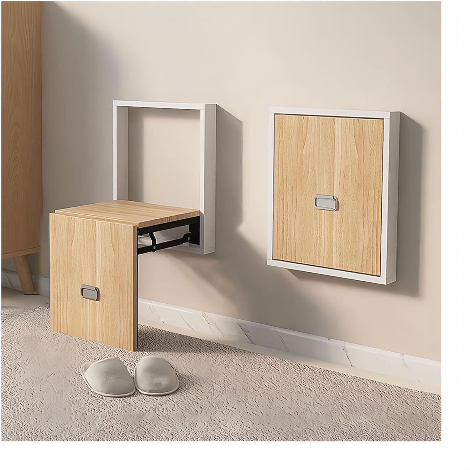Wall Mounted Folding Shoe Changing Stool Solid Wood Entryway & Bathroom Seating Space Saving Retractable Design for Living Room & Restroom (Original Wood Color & Off White Shell)