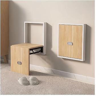 Wall Mounted Folding Entryway Shoe Changing Stool, Solid Wood Stool, Foldable Bathroom Seating, For Restroom Living Room Entryway, Automatic RetractiColorOriginal wood color panel + off-white shell