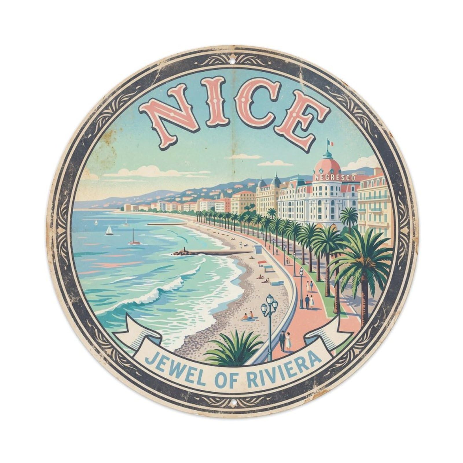 Cmhok Vintage Style Vintage Travel Nice France Promenade Metal Tin Sign Plaque Wall Decor For Cafe, Club, Garden Round Metal Poster 8X8inch