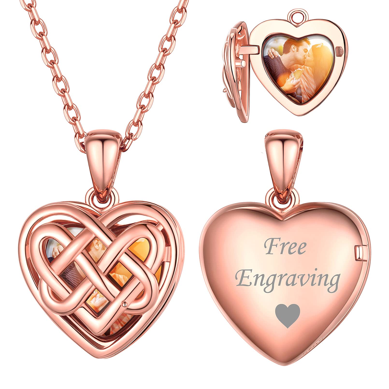ChicSilver Collana Cuore Personalizzata Argento 925 Foto e Incisione Oro Rosato Ciondolo Portafoto Ciondolo Argento 925 Portafoto a Cuore
