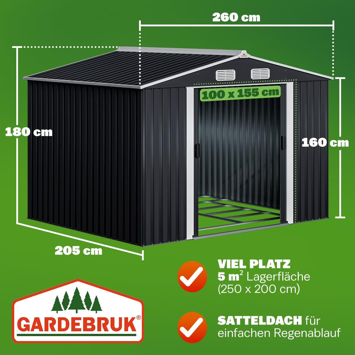 GARDEBRUK® XXL Metall Gerätehaus 5m² mit Fundament 257x205x178cm Schiebetür Anthrazit Geräteschuppen Gartenhaus 9m³ | Gartenmöbel Gartenmöbel Gartendach Rasenmäher Garage mit 96cm Schiebetür verzinkter Stahl Schuppen für Werkzeuge