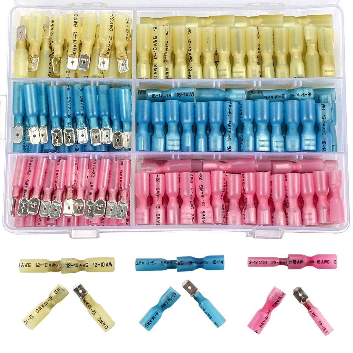 JUNCHI-120 PCS Wire Butt Spade Connector, 22-10 AWG 16 Gauge Quick Connect Electrical Heat Shrink Wire Connectors Kit Wiring Male Female Crimp Termina
