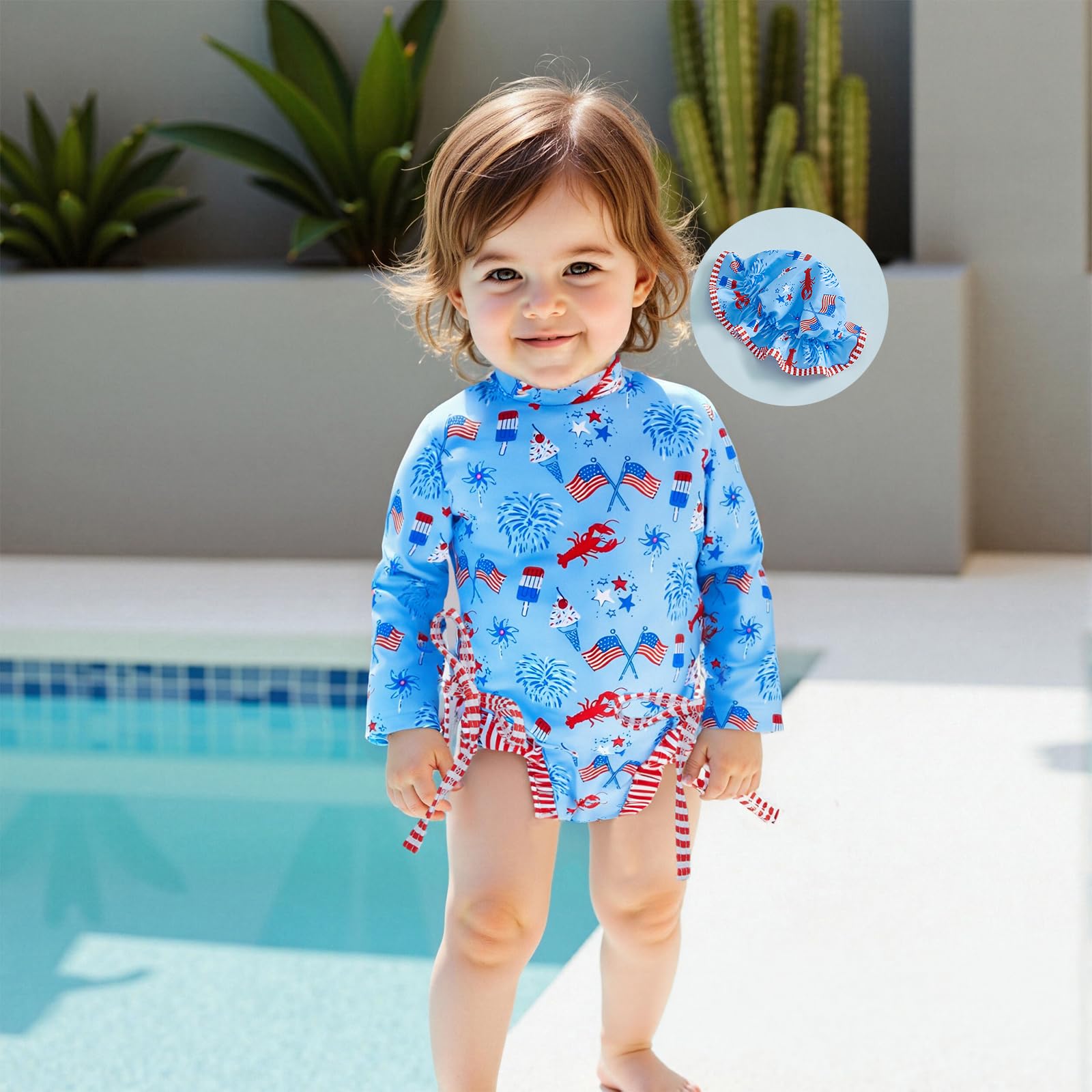 KMBANGI Baby Girls 4th of July Swimsuits Kids Rash Guard Crawfish Flag One Piece Bathing Suit Popsicle Swimwear with Hat (Blue, 6-12 Months)