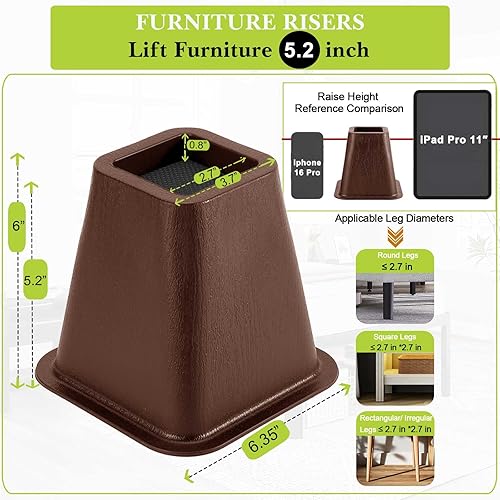 Miniatura 8 de Yookwutar Paquete de 8 elevadores de muebles de 1 pulgada, elevadores de cama ajustables resistentes para mesa, escritorio, sofá, gabinete, patas de