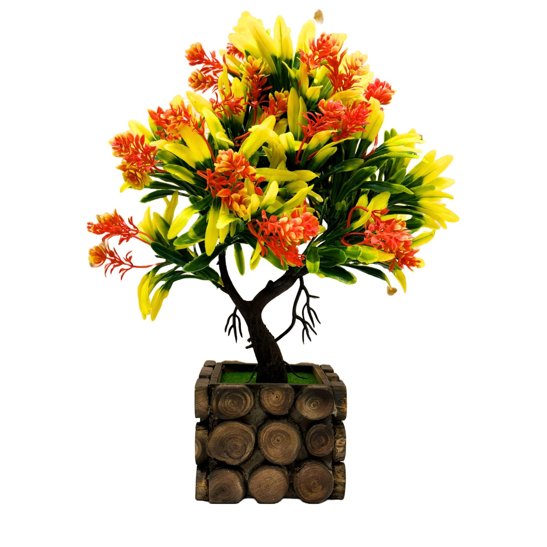 Dekorly Artificial Wild | Indoor Outdoor | Bathroom Bedroom Living Room Farmhouse Housewarming | Plastic & Wooden Potted Plants for Home Office Desk | Fake Faux Colorful Plant (Medium, Design-C) 1