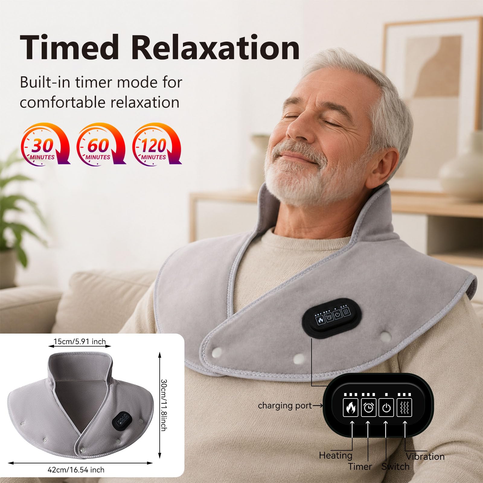 Wireless Thermal Neck Pad with Quick Heating, Thermal Pad for Back, Shoulders and Neck, 3 Heat Levels, Cervical Thermal Pad for Relaxing the Shoulders and Back, Gift for Women, Mom, Father，Gris
