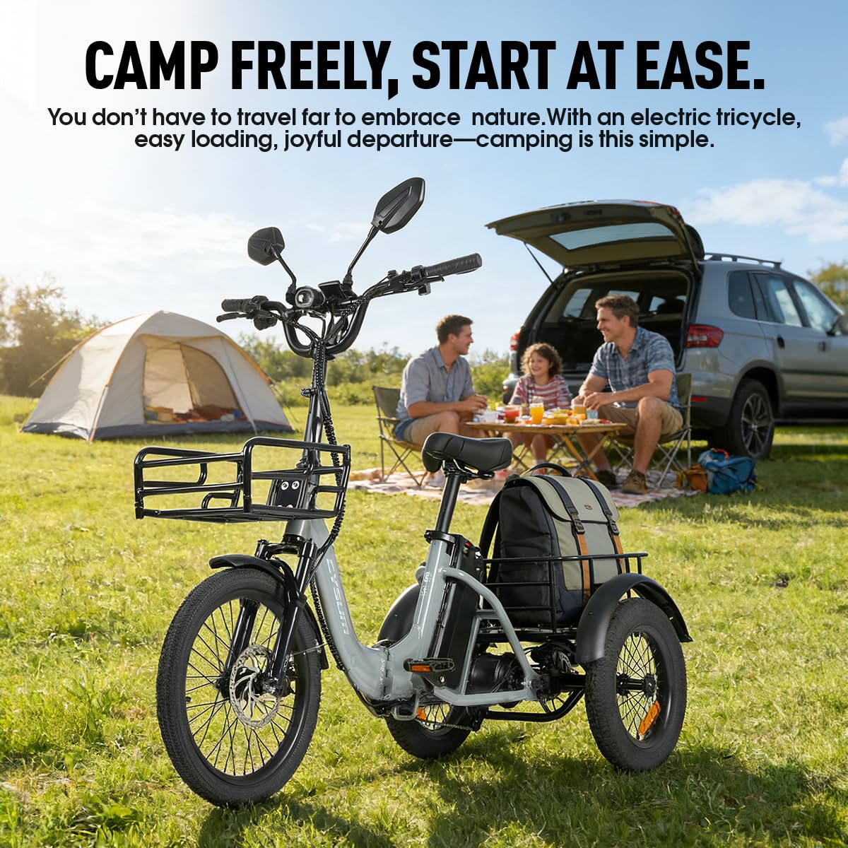 Triciclo elettrico Antgooat AG1 Pro, bicicletta elettrica pieghevole per adulti, dotata di batteria da 48 V e 20 Ah, con un'autonomia fino a 150 km, dotata di portapacchi sia anteriore che posteriore,