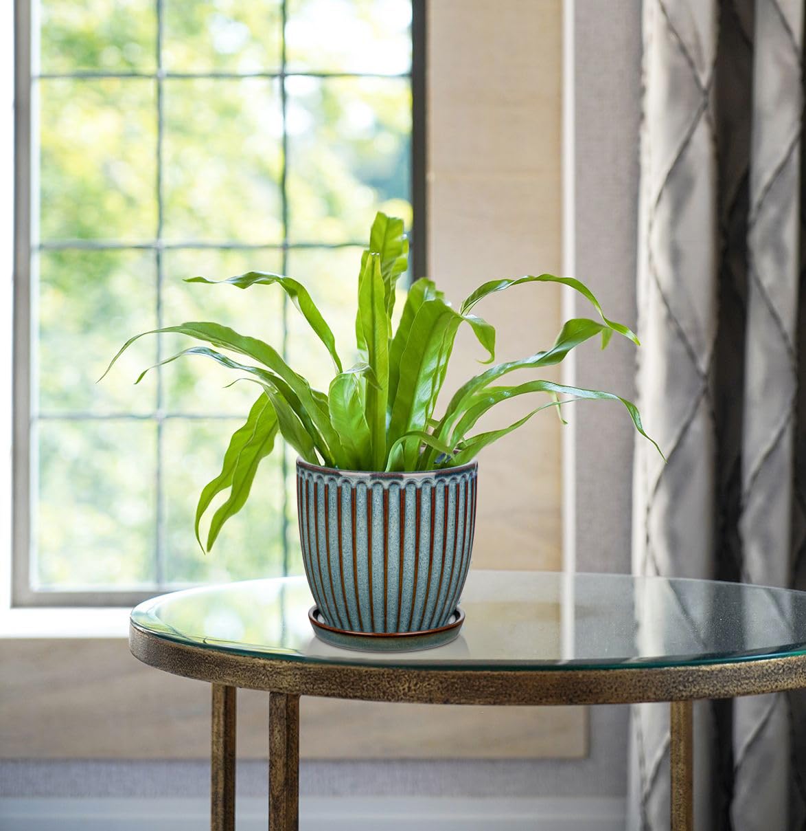 Oairse Juego de 2 Macetas de Cerámica para Plantas 13CM 15CM Maceta de Cerámica Azul con Agujeros de Drenaje y Platillos Macetas Decorativas a Rayas para Interiores Macetas Modernas para Flores para