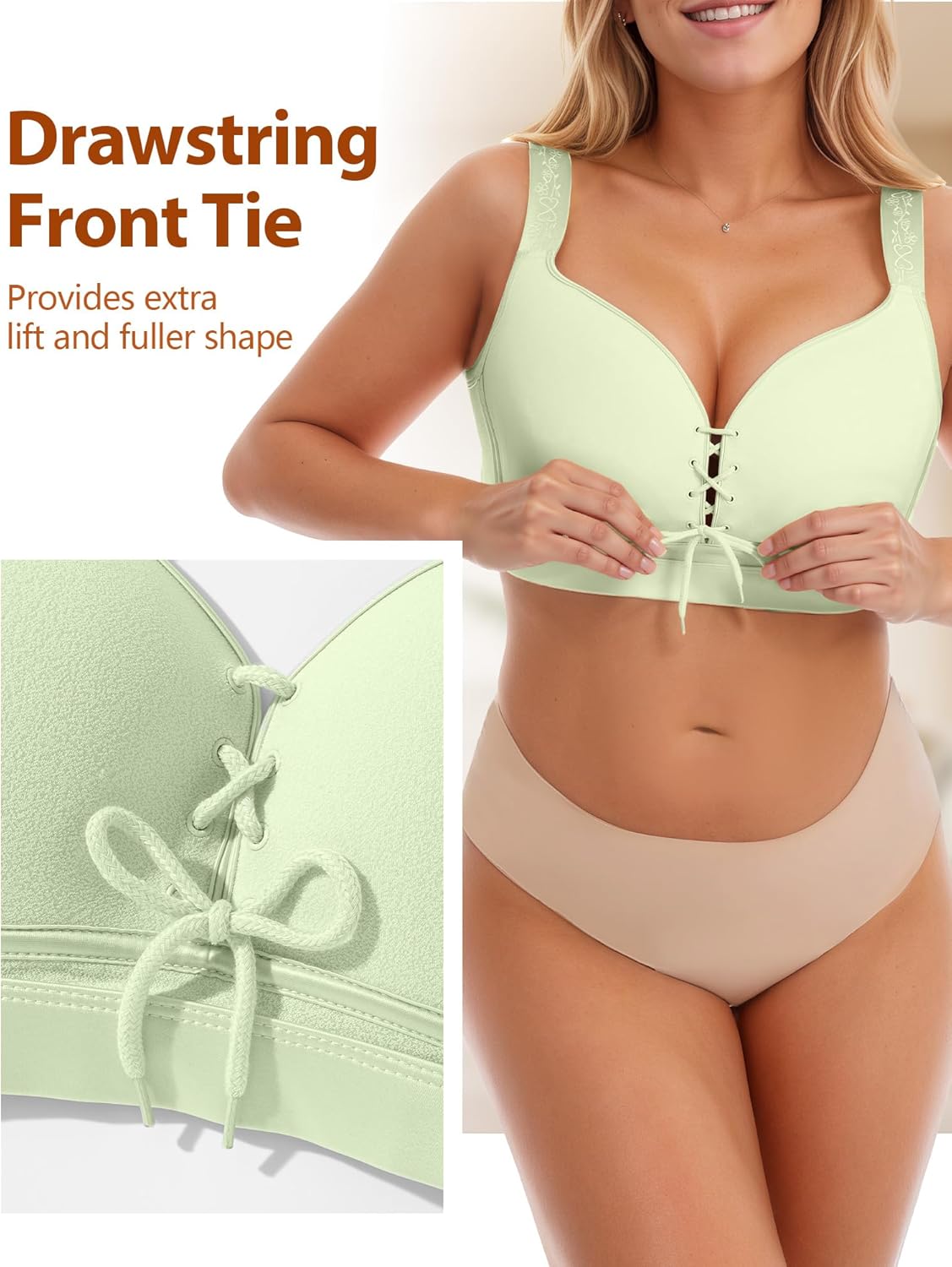 FEOYA Women Push Up Drawstring Bra Wire-Free Thin Cups Plus Size Cleavage Everyday T-Shirt Bra Comfort 36C-42E