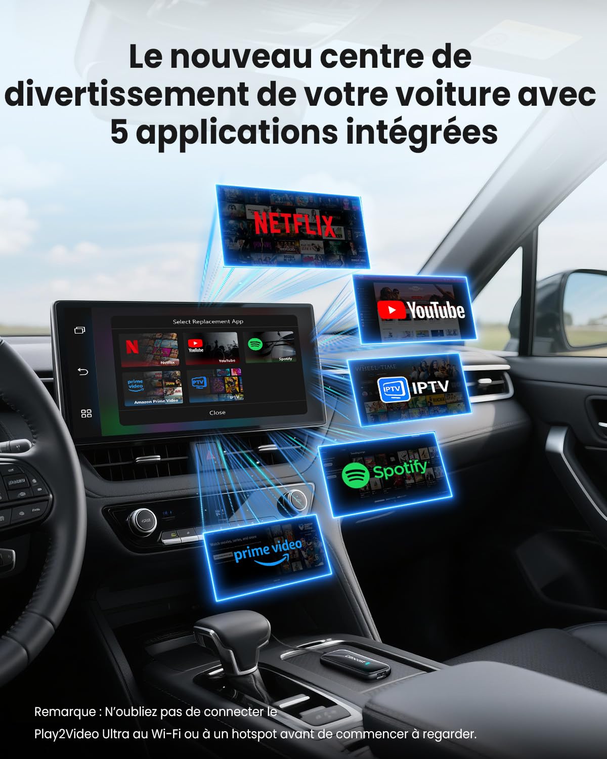 OTTOCAST Play2Video Ultra, 3-en-1 Boîtier AI pour Netflix/Youtube/Prime Video, Adaptateur CarPlay sans Fil & Android Auto avec clé USB, Wi-FI Dual Band, Bluetooth 5.4, 4Go+32Go, Plug & Play