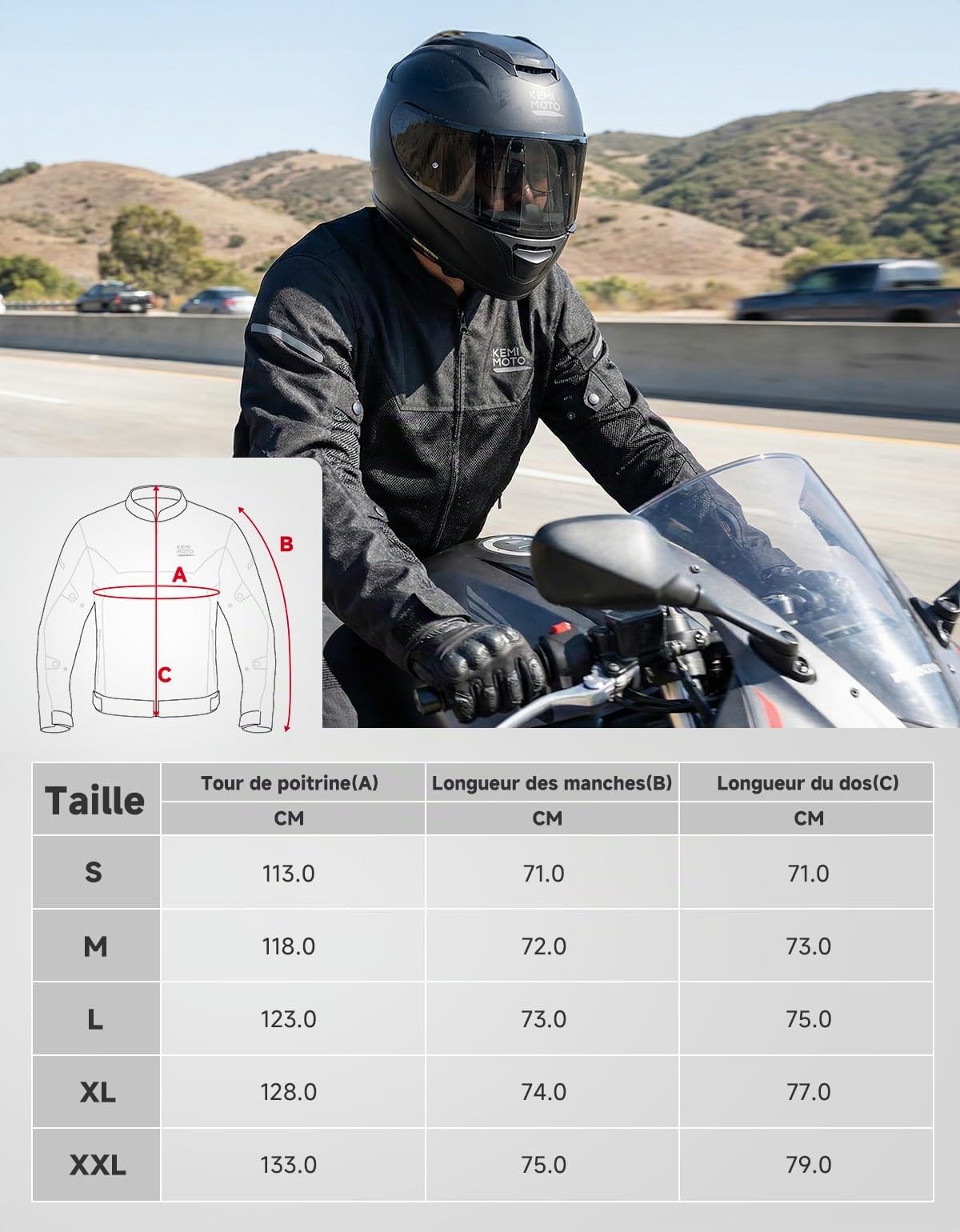 KEMIMOTO Veste Moto Homme, Blouson Moto avec Protections Conforme CE Amovible, Veste Motos Été en Maille Respirant pour Blouson Motard Scooter VTT Enduro